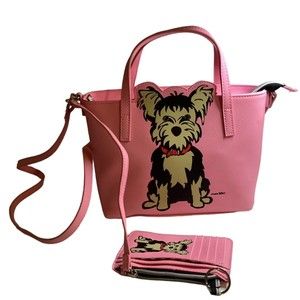 Marc Tetro Love My Yorkie Dog Pink Tote Bag Purse With Card Holder Wristlet